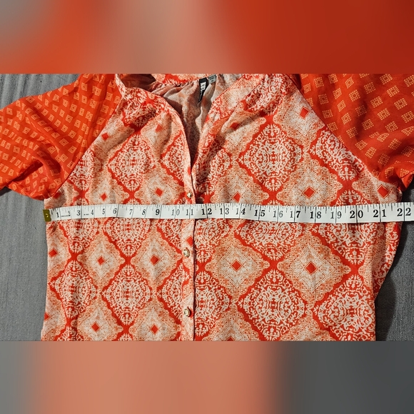 Kut From The Kloth | Orange Geometric Sheer Button Down Blouse - Picture 6 of 10